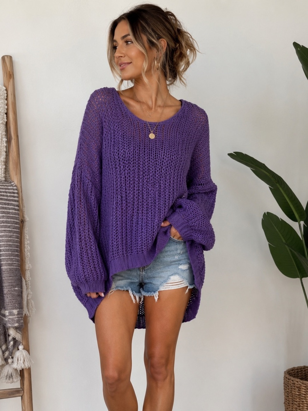 ZE-ZE Purple Open Knit Sweater Lightweight Boho Sheer Layering Relaxed Fit L